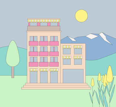 Apartment building with mountain landscape and sunny natural surroundings