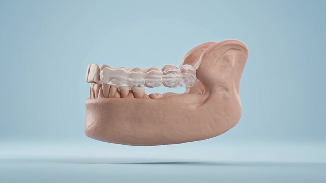 A 3D medical visualization showing the healing process of a human jawbone and teeth in a clinical setting.