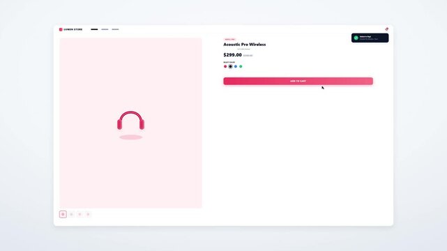 Minimalist UI design for an e-commerce website featuring a product page for wireless headphones with add to cart button and price display on a clean white layout for online shopping concepts.
