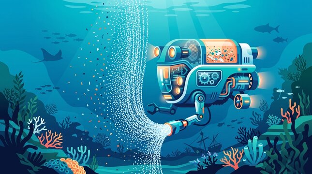 Futuristic Bubble Curtain Ocean Cleaner, autonomous marine robot guiding microplastic particles into collection chambers with gentle ecological technology.