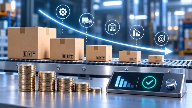 Supply chain logistics optimization concept with decreasing graph coins and digital interface showing progress and success illustrating financial efficiency in warehousing and