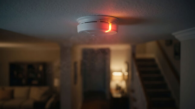 Smoke detector with glowing red warning light mounted on ceiling indoors