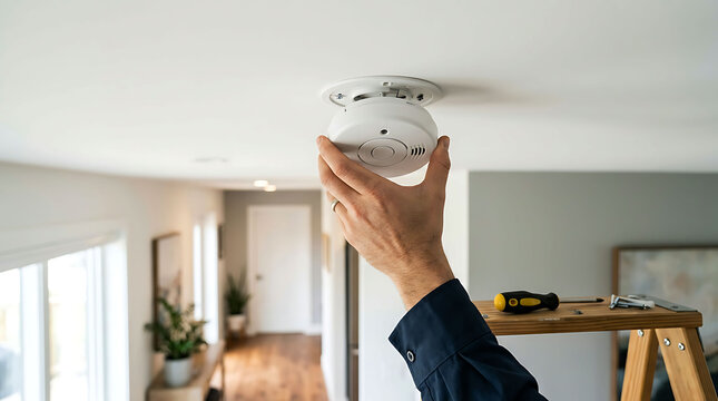 Person installing or replacing a smoke detector on the ceiling in a home interior