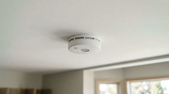 Modern white smoke detector mounted on a white ceiling in a bright room interior
