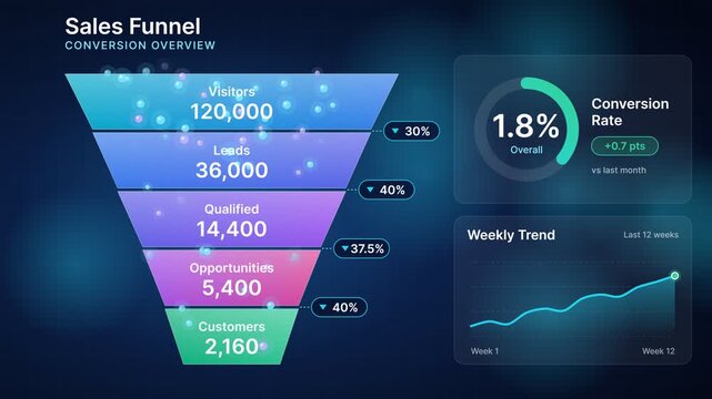Animated Sales Funnel Dashboard Displaying Conversion Rates and Customer Acquisition Data on Dark Background