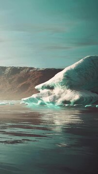 A large patch of melting ice floats on calm water with rocky cliffs in the background. Bright light reflects off the surface. It is likely early morning or late afternoon.