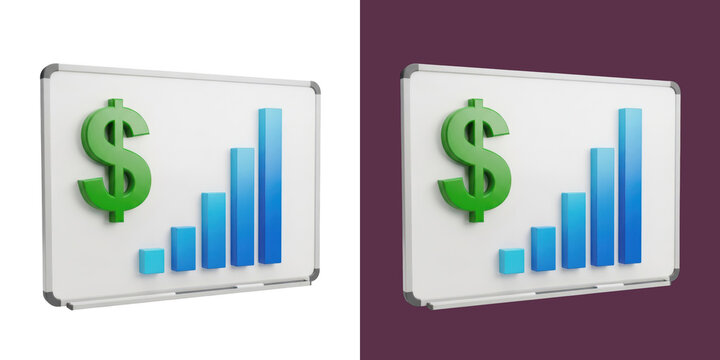 Three dimensional business board with green dollar sign and blue rising growth bars transparent png