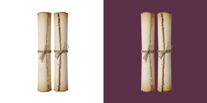Two old vintage paper scrolls tied with rope on a solid colored background transparent png