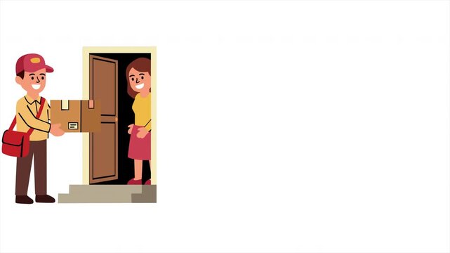 Modern animated delivery scene featuring a courier handing a package to a customer at home