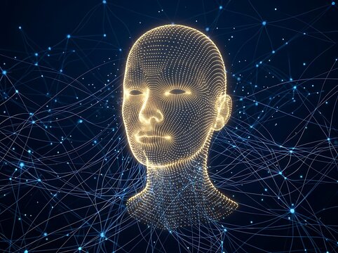 Digital human head representation built from golden glowing mesh particles connected with network data lines representing artificial intelligence progress and cognitive computing technology