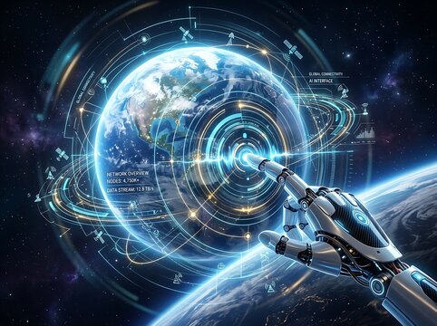 Futuristic mechanical robotic arm interacting with digital data planet interface in deep space to represent advanced artificial intelligence and global network connection systems across our vast