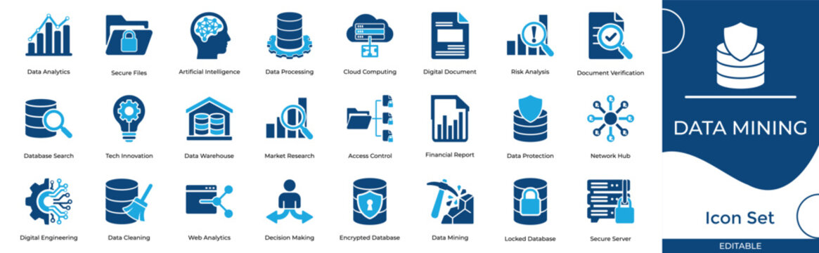 Data mining and big data technology icon set, including data, mining, analytics, technology, set, business, database, cloud, computing, artificial, intelligence.