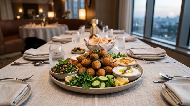 Fried kibbeh with hummus, tabbouleh and Levantine mezze for Ramadan iftar menus, hotel hospitality, corporate catering and restaurant advertising.