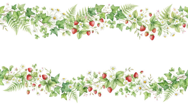 Watercolor floral border with strawberries, ivy, ferns, clover, chamomile, and daisies on white background