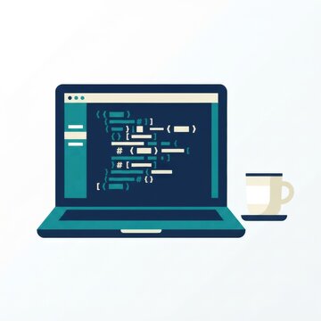 A laptop shows programming code with a coffee cup next to it in a tech workspace during the day.