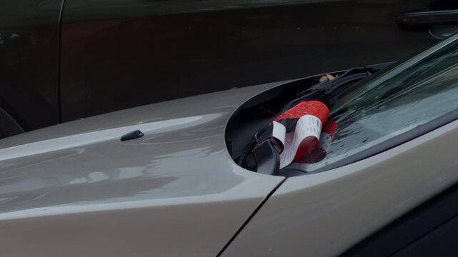 Parking ticket on windshield side view. Grey car
