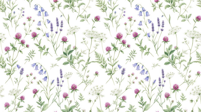 Spring wildflower watercolor floral pattern with clover, lavender, bellflowers on white background