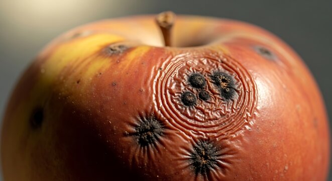 Close-up of a decaying apple with dark spots and wrinkled skin texture, withered