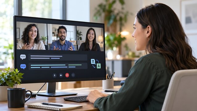 Smiling woman in a video call looking at a screen with real-time AI captions and translation during an online meeting