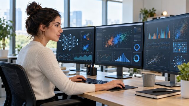 Data scientist reviewing AI analysis charts and scatter plots across multiple monitors in a modern office