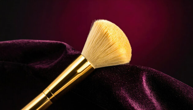 Golden makeup brush with soft beige bristles resting on dark burgundy velvet against dramatic red background, creating elegant beauty still life with luxurious texture and contrast