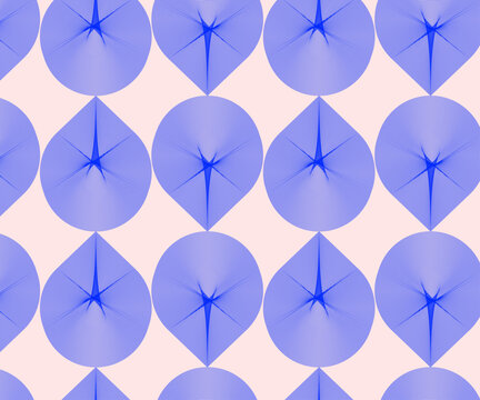 Blue geometric floral seamless pattern with abstract round flowers and starburst details on a soft pink background.