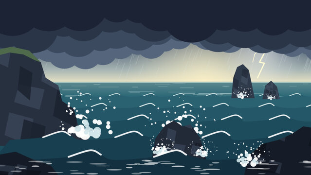 Rocky sea coast with crashing waves, sea stacks and dark stormy sky, dramatic ocean storm seascape vector background illustration