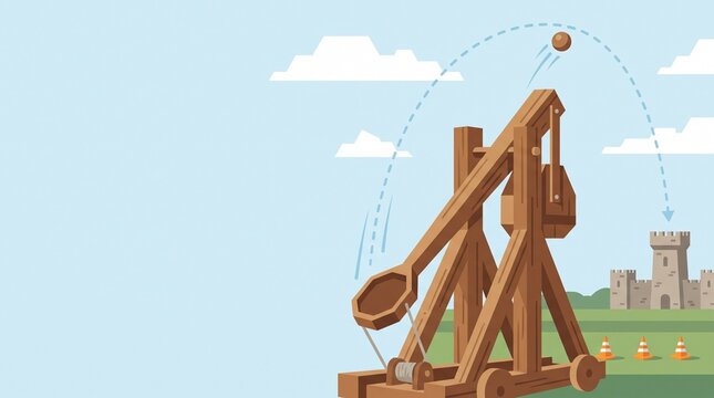 Releasing trebuchet hurling ball at castle target