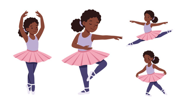 Little black girl ballerina character vector set dancing jumping stretching and performing classical ballet in pink tutu skirt
