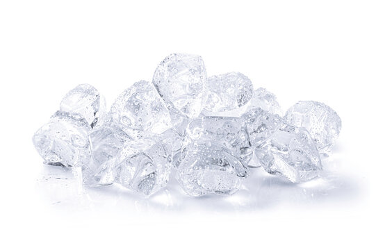 Pile of transparent ice cubes covered in fresh water drops. Ideal for refreshing drink ads and summer cooling concepts on white background.