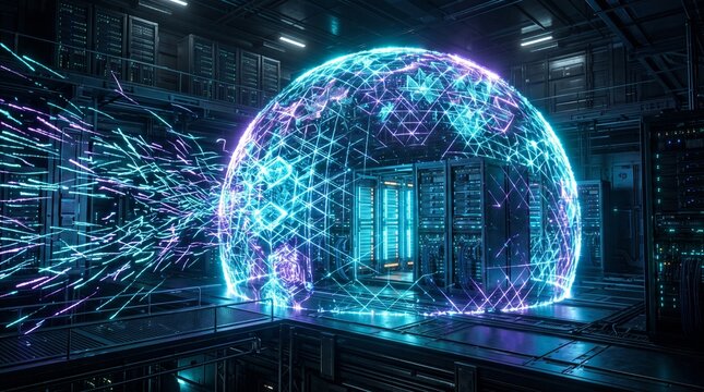 Futuristic quantum firewall protecting digital infrastructure with encrypted particle streams and advanced cybersecurity defense technology