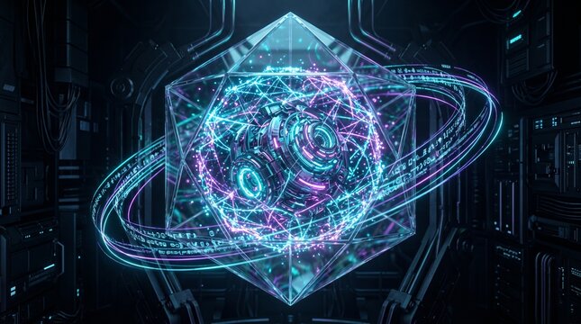 Futuristic quantum encryption core protecting digital information through entangled particles and advanced cybersecurity technology