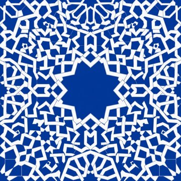Bold blue and white seamless islamic geometric tile pattern with negative space seamless geometric