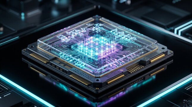 Futuristic quantum encryption chip with glowing qubit circuits designed for secure computing, digital privacy and advanced cybersecurity systems