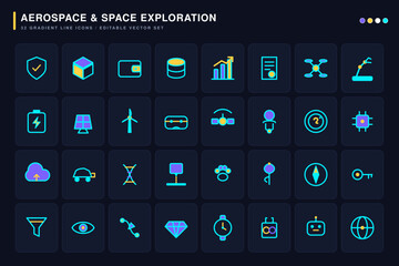 Aerospace and satellite space exploration gradient line icon set, 32 vector icons of deep space telescope, lunar lander, orbital rocket and space suit © Mahmudul