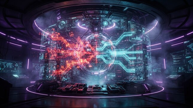 Futuristic cyber threat intelligence center analyzing digital anomalies with advanced processors, encrypted networks and automated security systems
