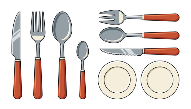 Kitchen cutlery set with silver stainless steel knife fork spoon and empty ceramic plates vector collection