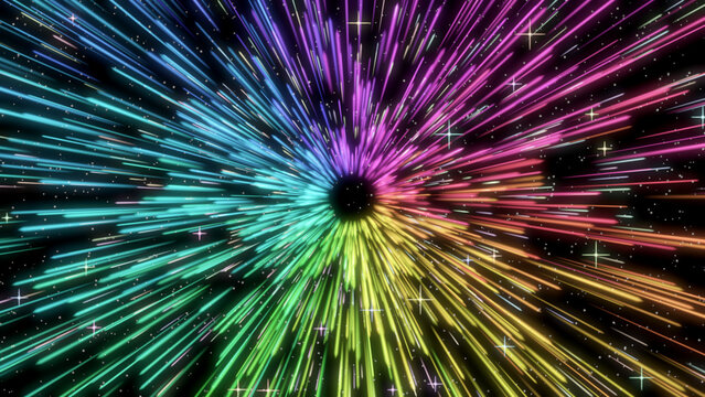 Rainbow hyperspace warp speed burst with colorful light streaks radiating from dark center, abstract space travel background
