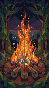 Colorful Geometric Campfire Illustration with Sparks and Logs.