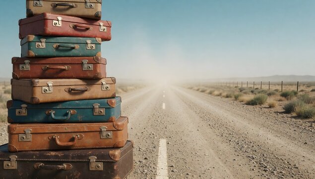 Stack of vintage suitcases on desert road.