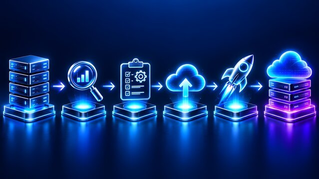 Glowing digital icons connected by arrows demonstrating a complete cloud computing and data deployment pipeline