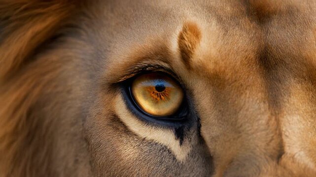 Extreme macro photorealistic footage of an adult lion's eye with a realistic defensive expression

