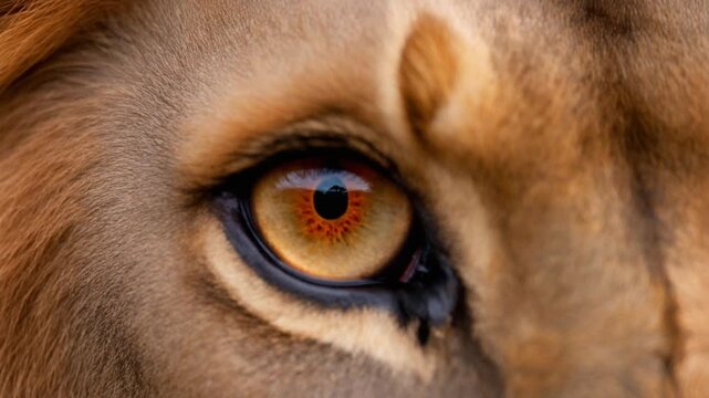 Extreme macro photorealistic footage of an adult lion's eye during a natural moment of anger
