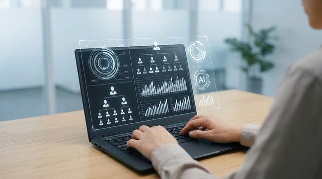 Professional worker using a laptop with futuristic digital interface showing artificial intelligence data analytics and organizational charts for efficient business management in modern office.