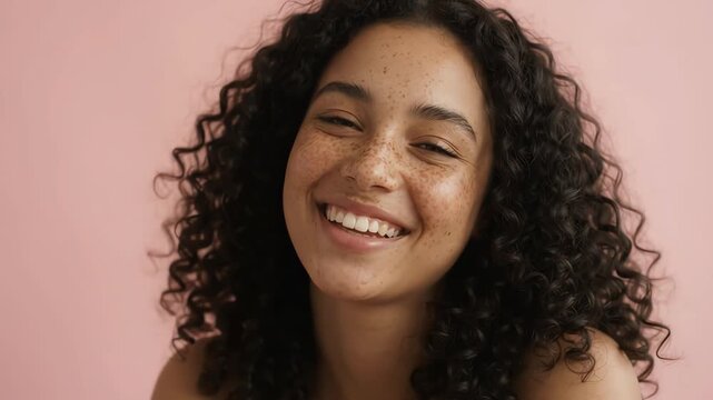 Young woman with curly hair and freckles smiling on pink background