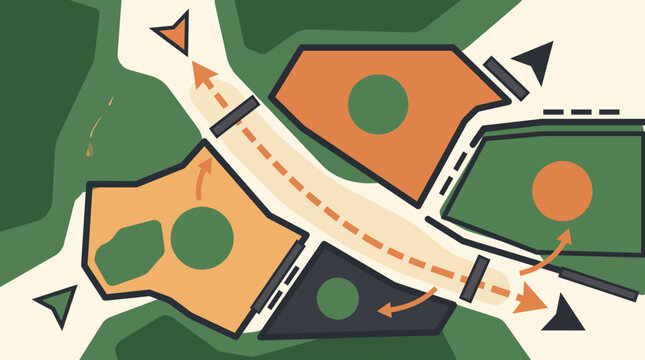 Military tactical operations map with strategic route arrows and territory zones vector illustration   