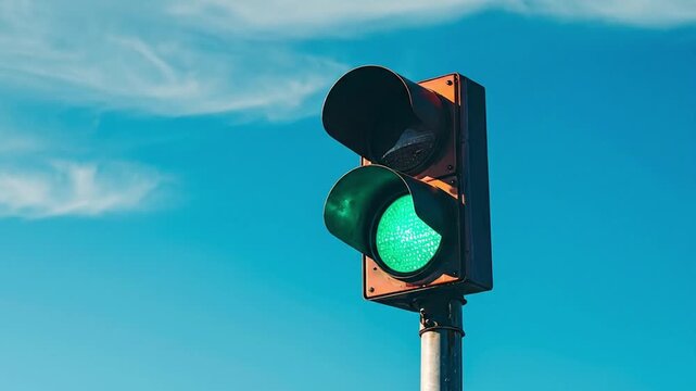 Red stop light on pole under blue sky.