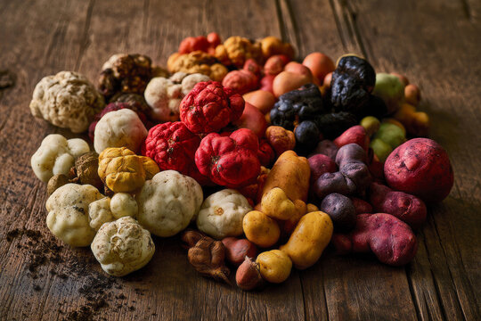 Traditional Andean tubers, including oca, olluco, mashua, and colorful native potatoes.