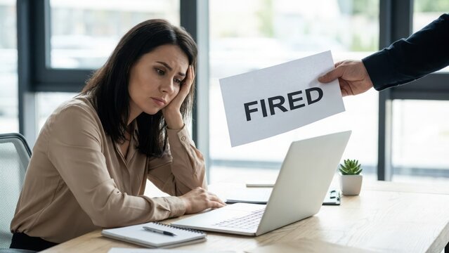 Sad woman sitting at office desk getting fired by her boss in a modern workplace