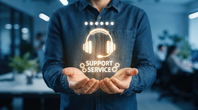 Customer service specialist holds glowing holographic headset icon labeled SUPPORT SERVICE